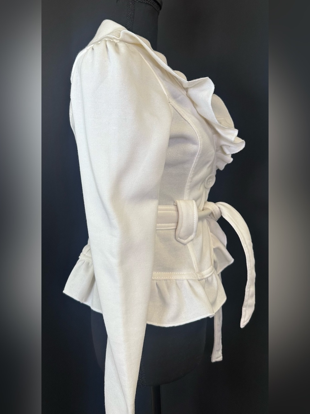 #219- Women's Cream Ruffle-Waist Tie Jacket - Picture 6 of 9